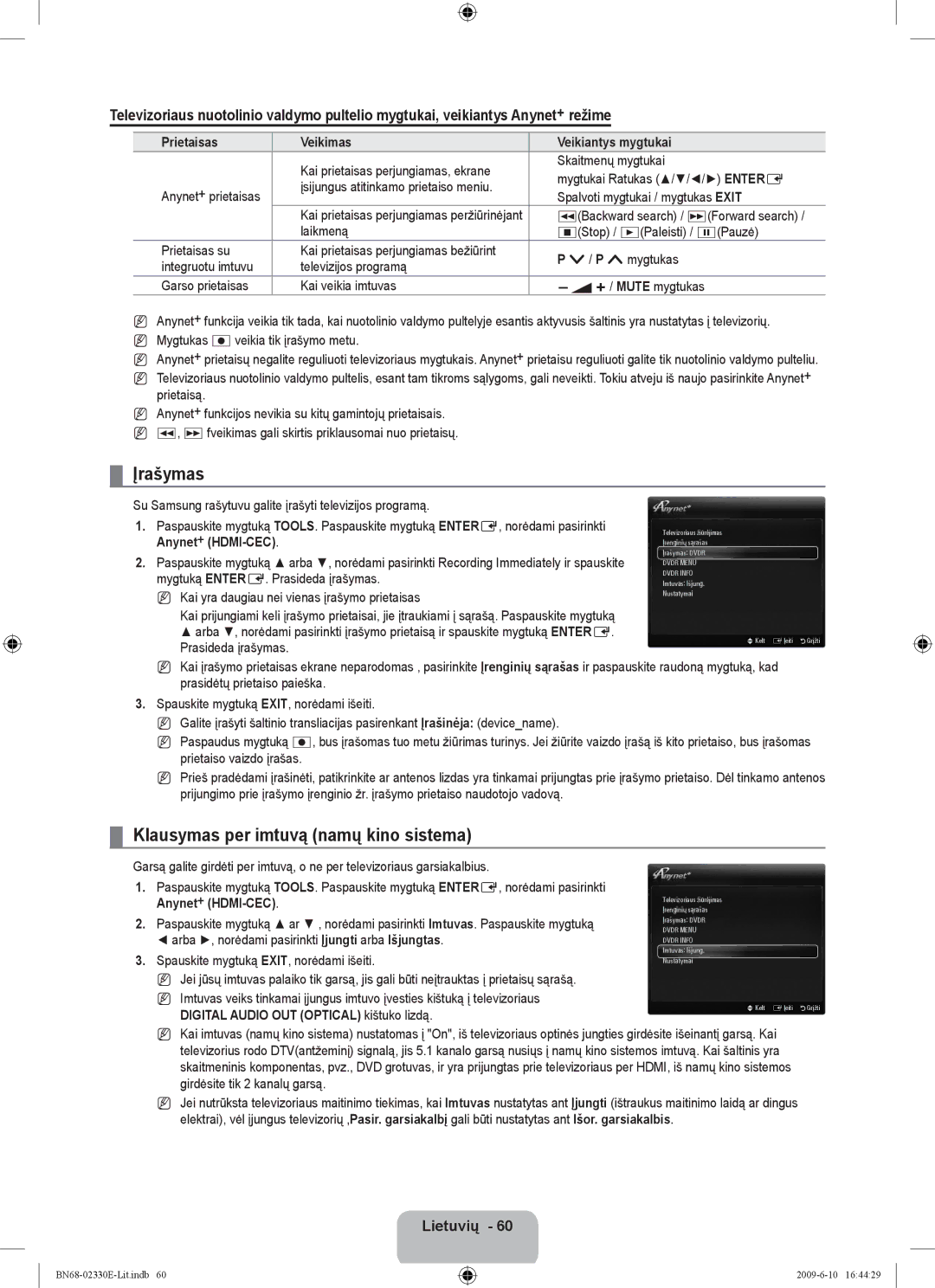 Samsung UE40B8000XWXBT manual Įrašymas, Klausymas per imtuvą namų kino sistema, Prietaisas Veikimas Veikiantys mygtukai 