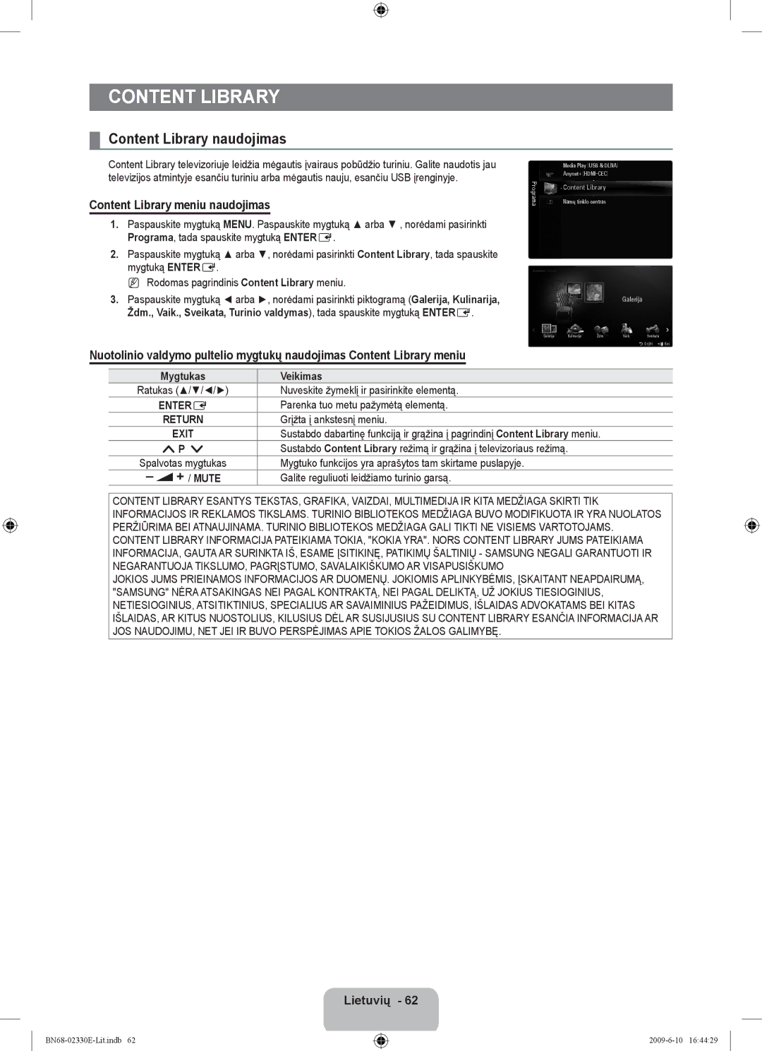 Samsung UE40B8000XWXBT manual Content Library naudojimas, Content Library meniu naudojimas 