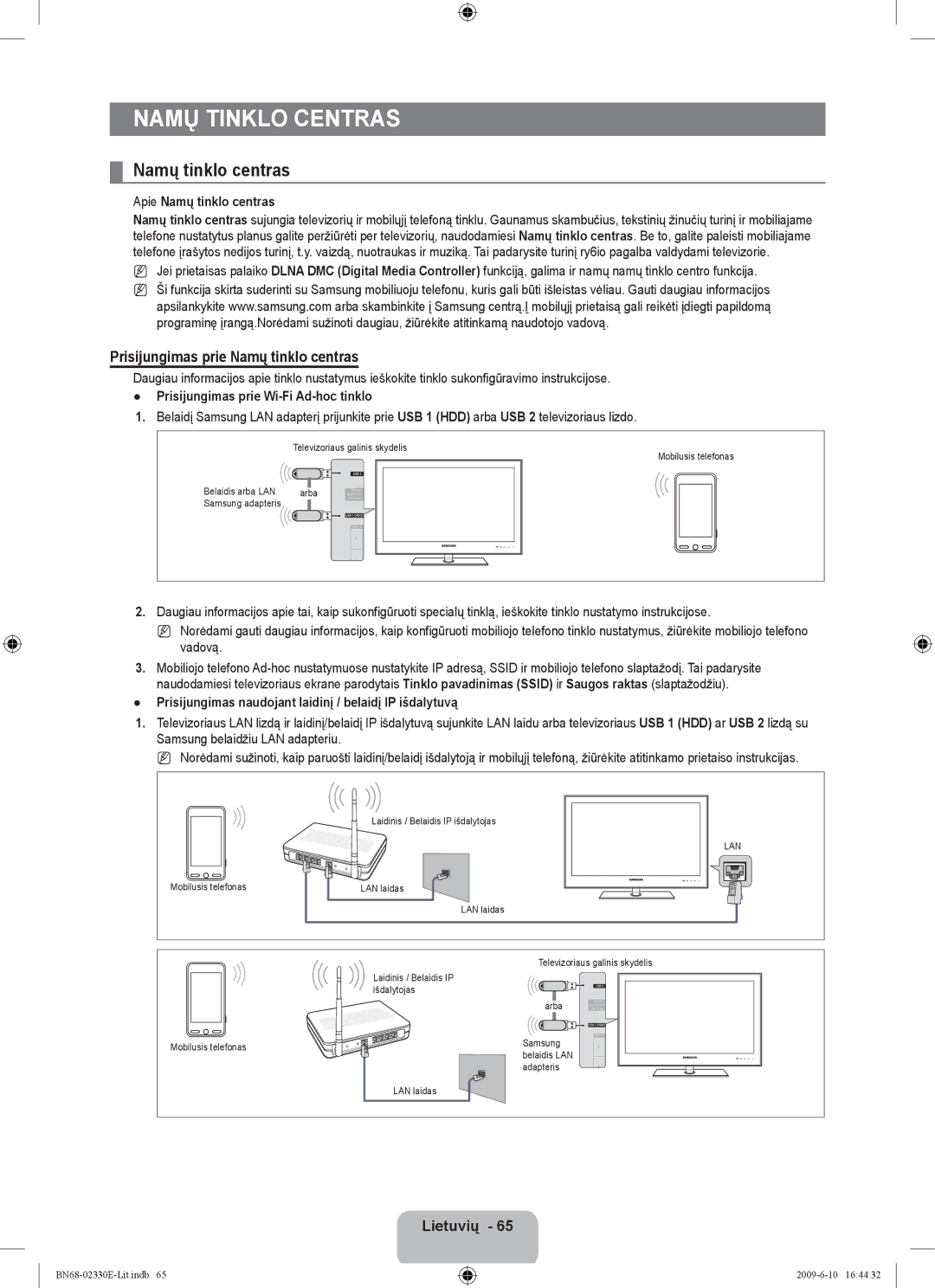 Samsung UE40B8000XWXBT manual Prisijungimas prie Namų tinklo centras 