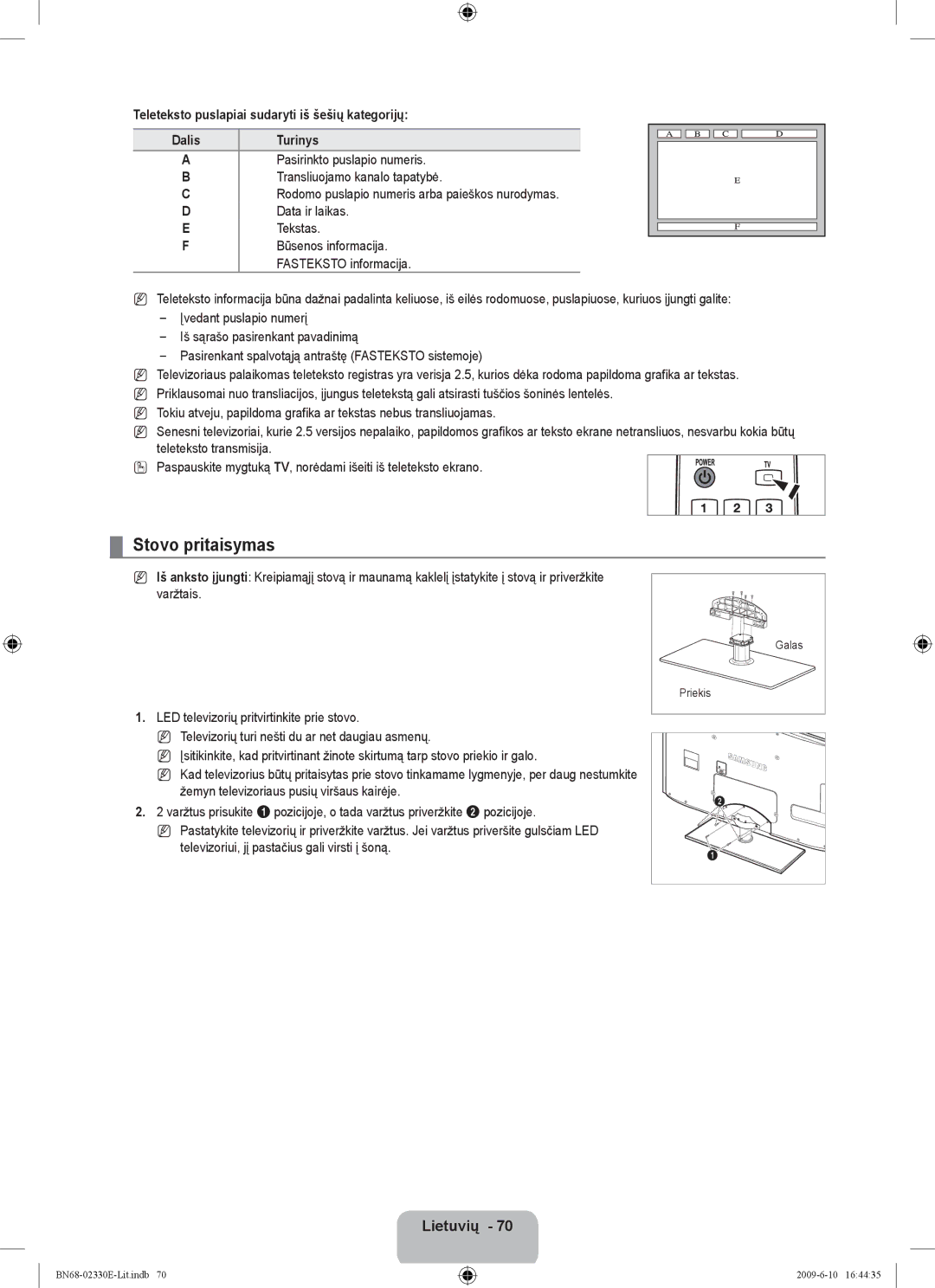 Samsung UE40B8000XWXBT manual Stovo pritaisymas, Teleteksto puslapiai sudaryti iš šešių kategorijų Dalis 