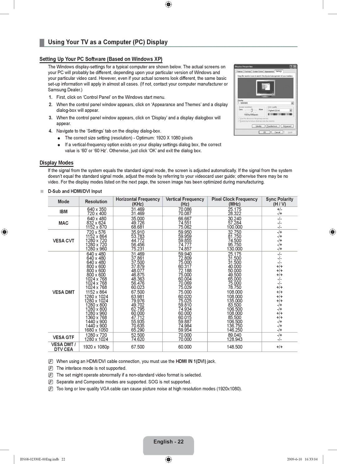 Samsung UE40B8000XWXBT manual Using Your TV as a Computer PC Display, Setting Up Your PC Software Based on Windows XP 