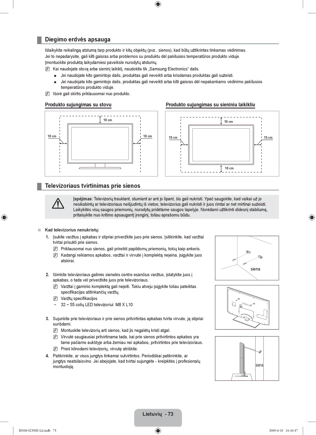 Samsung UE40B8000XWXBT manual Diegimo erdvės apsauga, Televizoriaus tvirtinimas prie sienos, Produkto sujungimas su stovu 