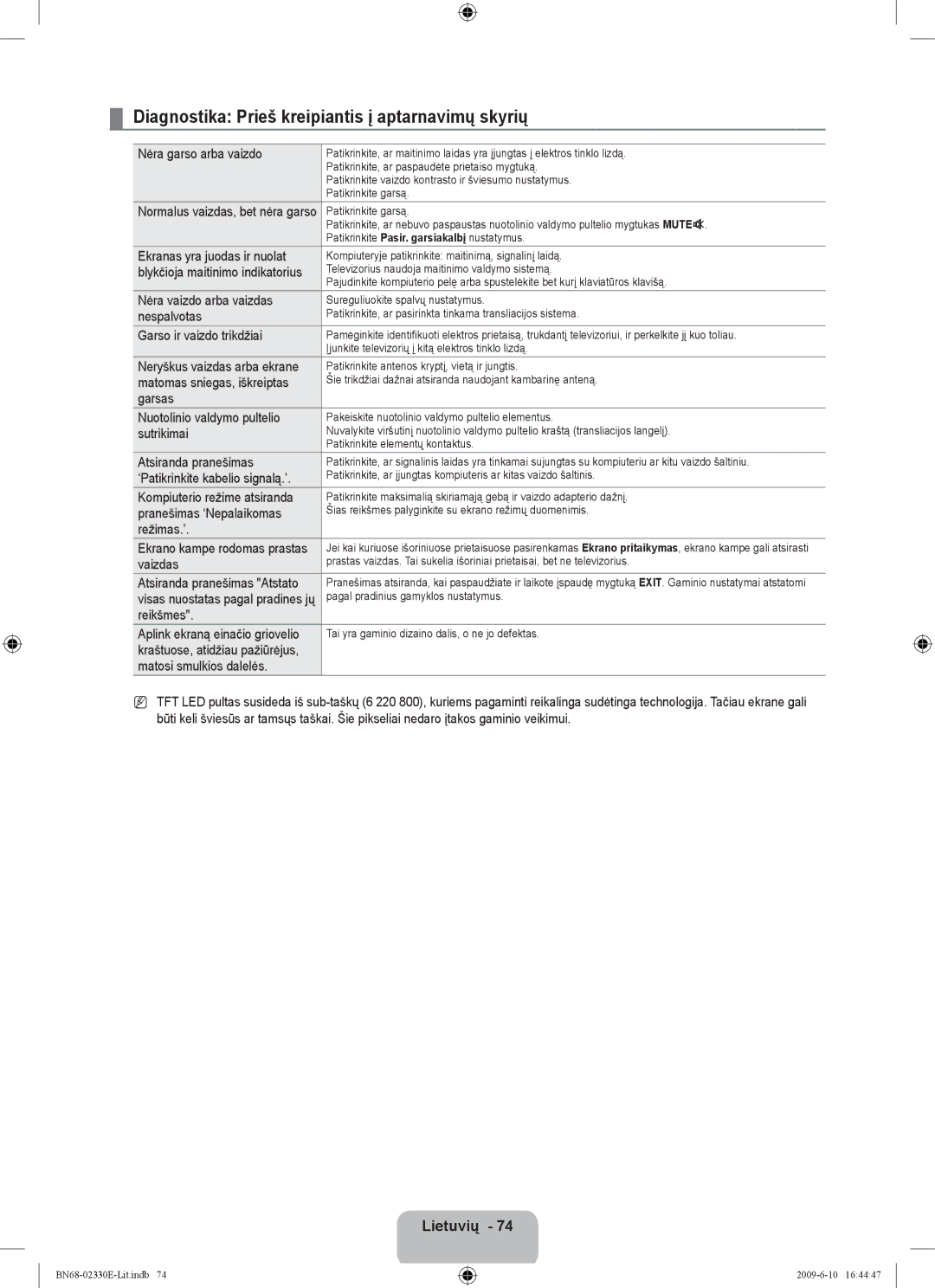 Samsung UE40B8000XWXBT manual Diagnostika Prieš kreipiantis į aptarnavimų skyrių 