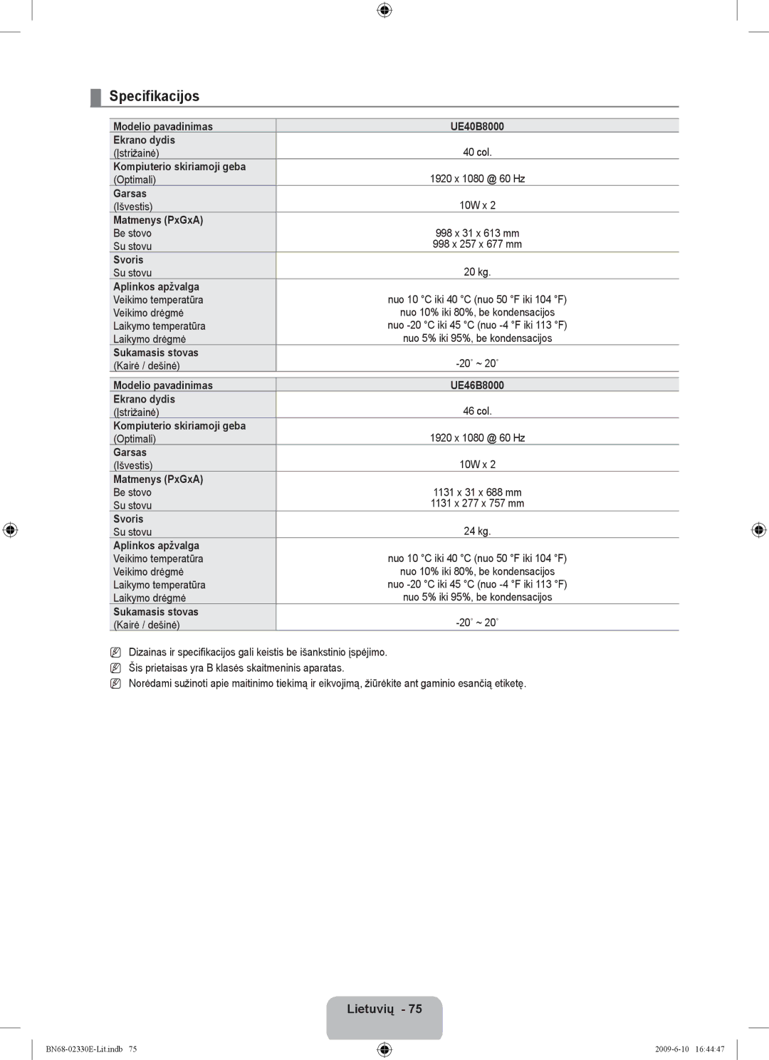 Samsung UE40B8000XWXBT manual Specifikacijos 