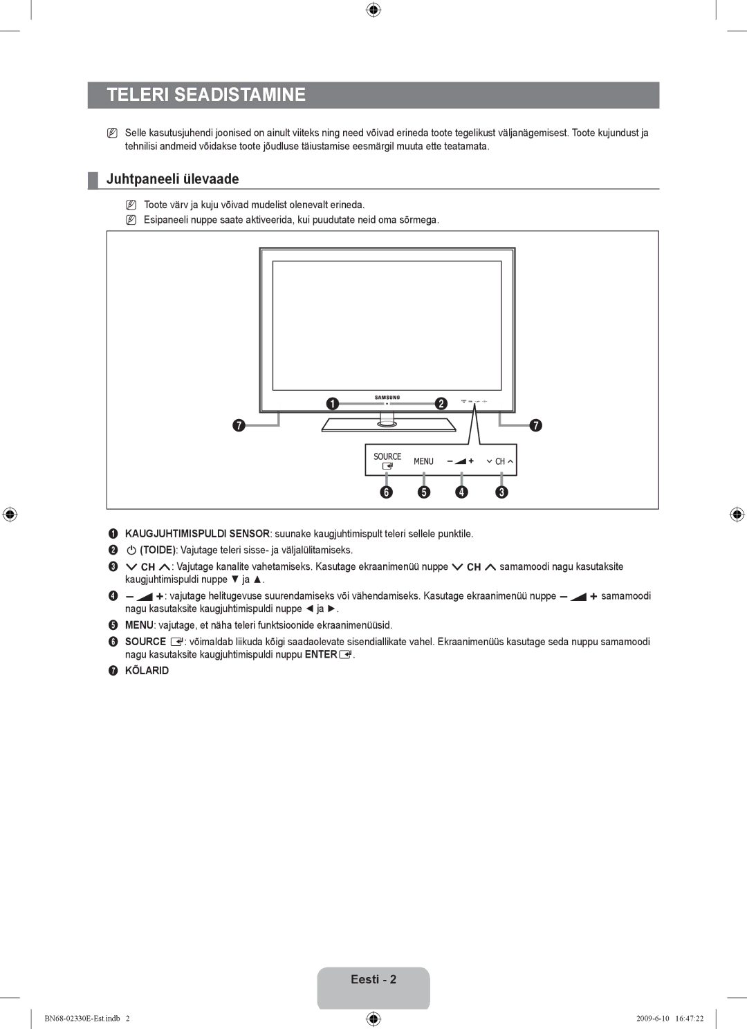 Samsung UE40B8000XWXBT manual Teleri seadistamine, Juhtpaneeli ülevaade, Eesti, Kõlarid 