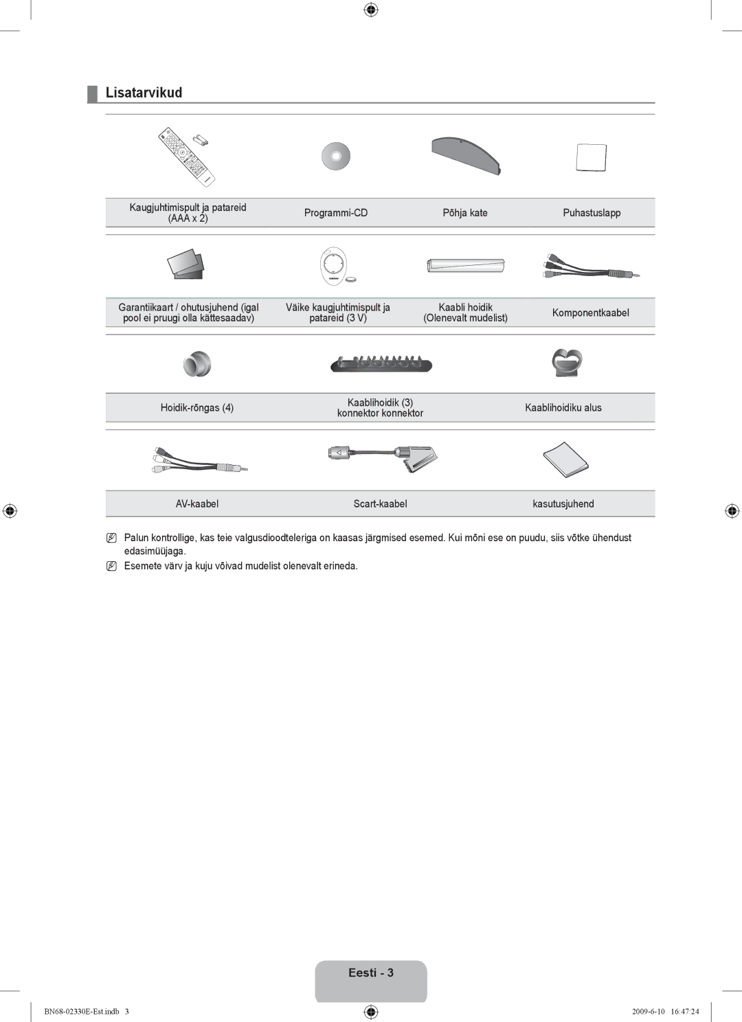 Samsung UE40B8000XWXBT manual Lisatarvikud, Programmi-CD Põhja kate Puhastuslapp, Komponentkaabel, Hoidik-rõngas 