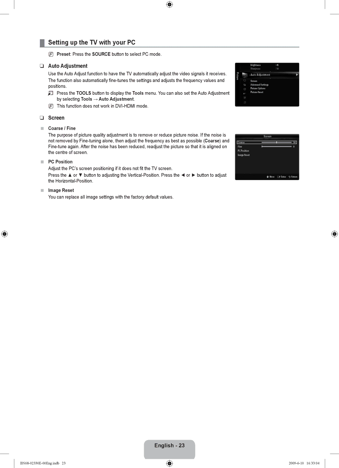 Samsung UE40B8000XWXBT manual Setting up the TV with your PC, Auto Adjustment, Screen 