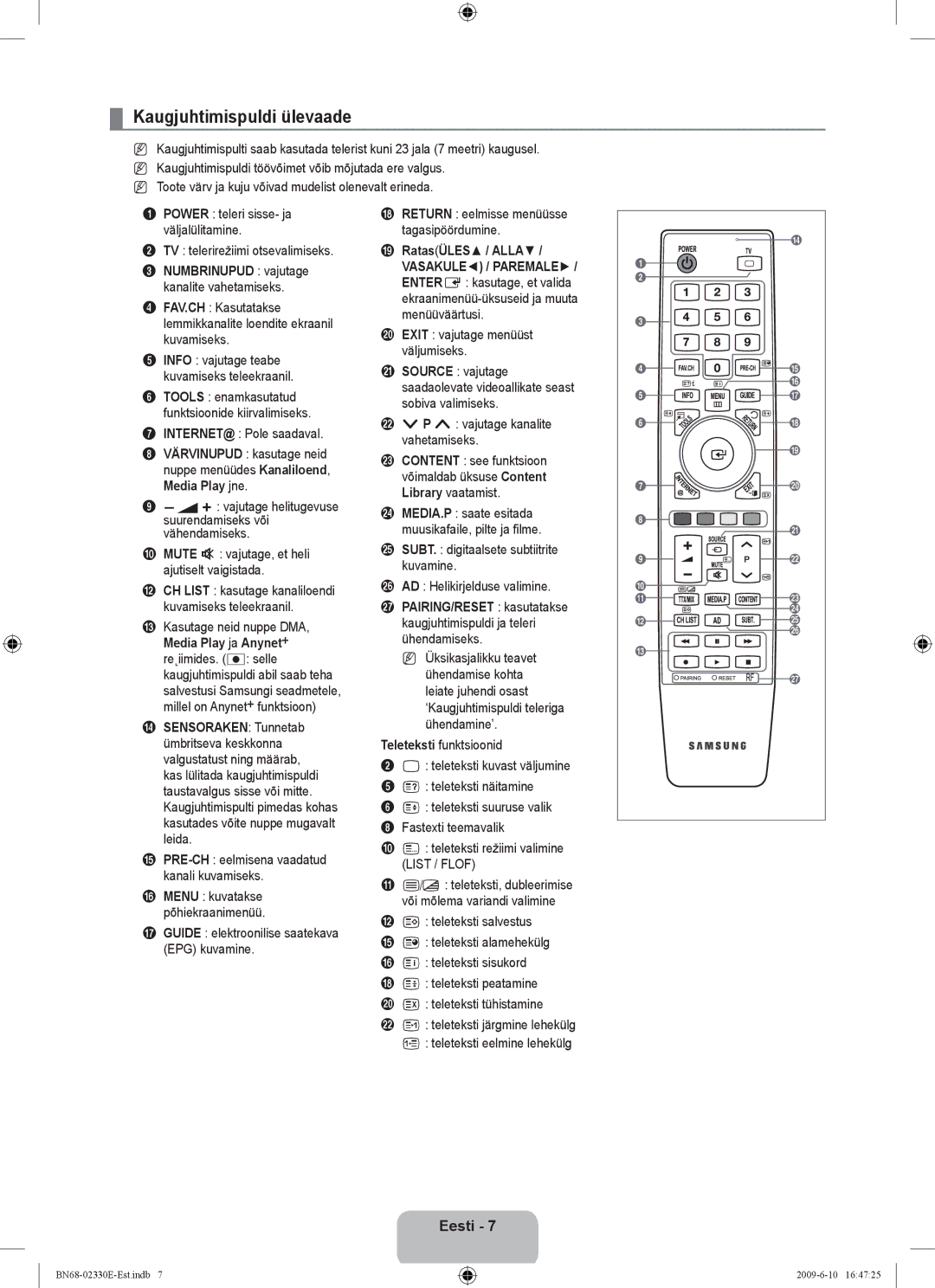 Samsung UE40B8000XWXBT manual Kaugjuhtimispuldi ülevaade, INTERNET@ Pole saadaval, $ Sensoraken Tunnetab, RatasÜLES / Alla 