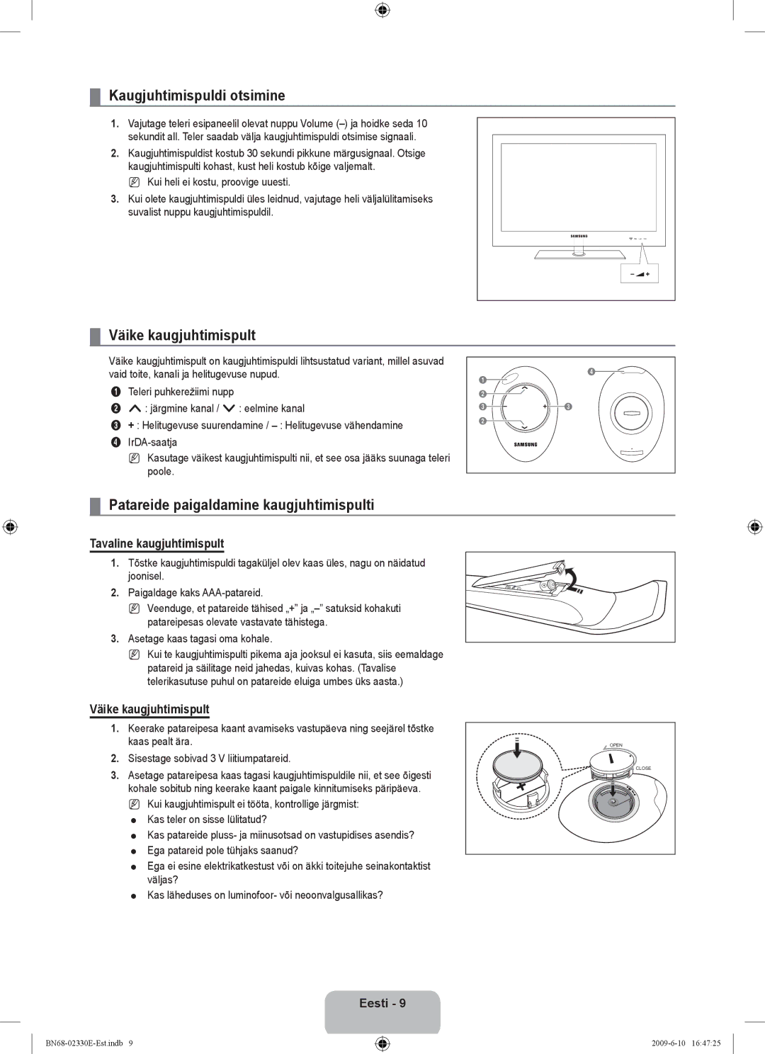 Samsung UE40B8000XWXBT manual Kaugjuhtimispuldi otsimine, Väike kaugjuhtimispult, Patareide paigaldamine kaugjuhtimispulti 