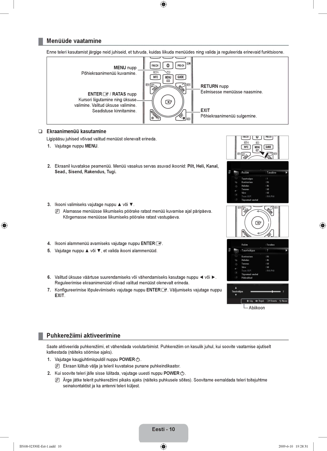 Samsung UE40B8000XWXBT manual Menüüde vaatamine, Puhkerežiimi aktiveerimine, Ekraanimenüü kasutamine 