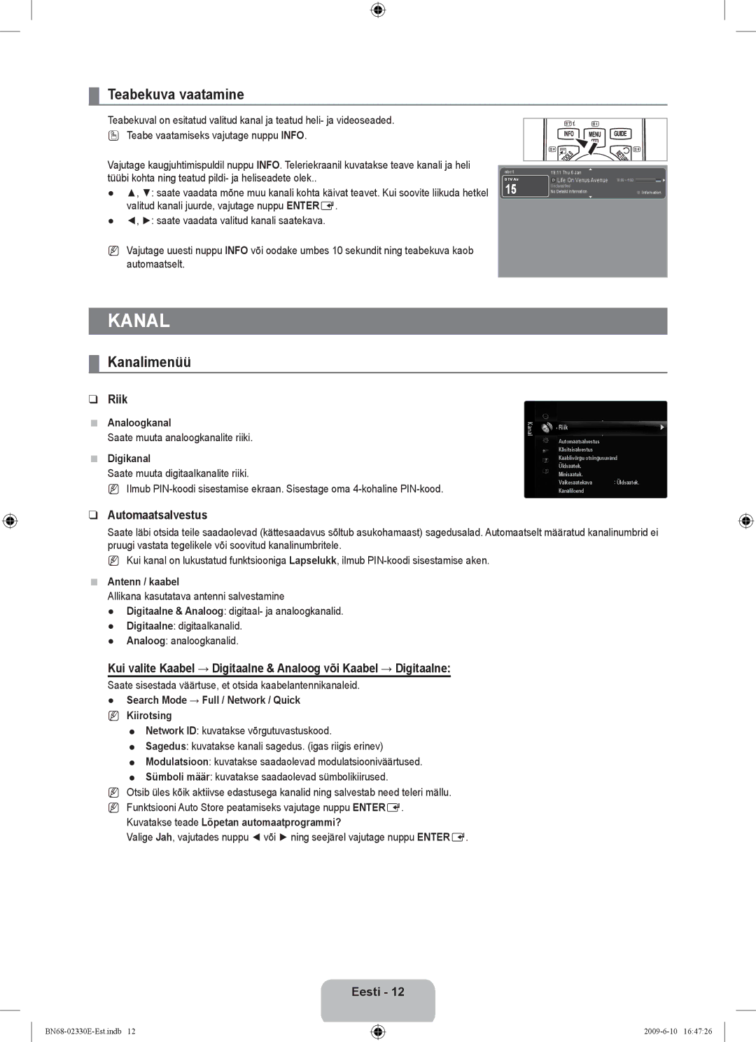 Samsung UE40B8000XWXBT manual Teabekuva vaatamine, Kanalimenüü, Riik, Automaatsalvestus 