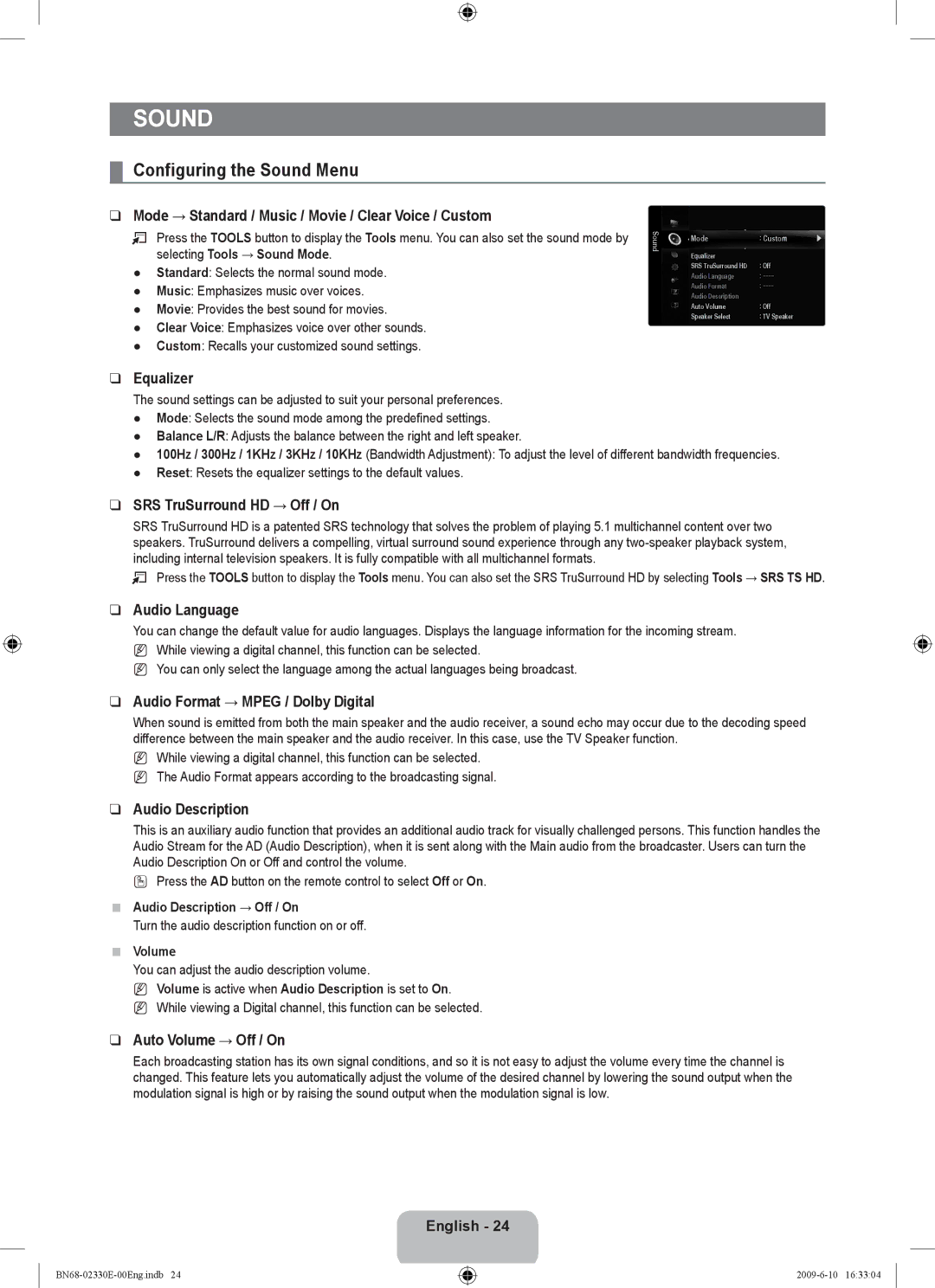 Samsung UE40B8000XWXBT manual Configuring the Sound Menu 