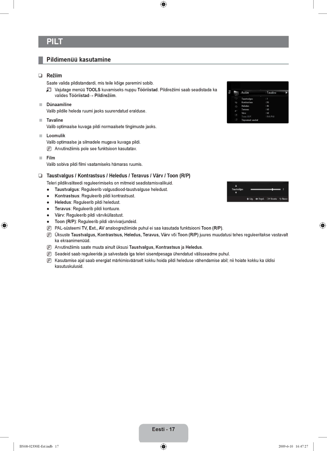 Samsung UE40B8000XWXBT manual Pilt, Pildimenüü kasutamine, Režiim 