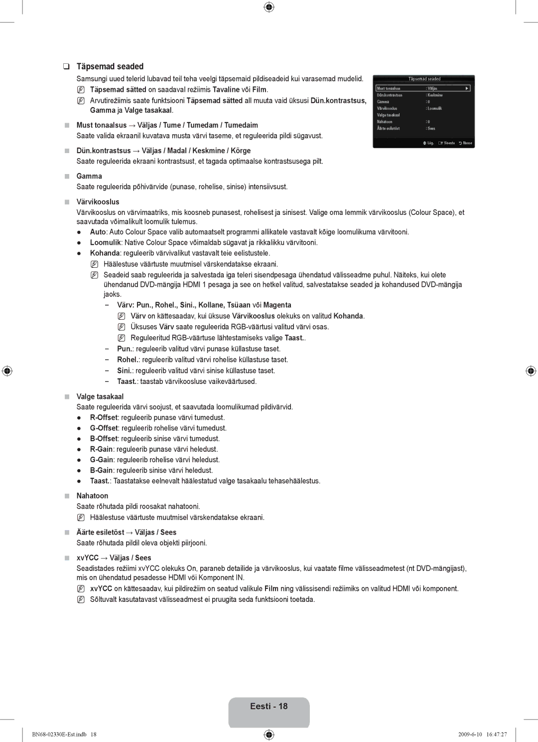 Samsung UE40B8000XWXBT manual Täpsemad seaded 