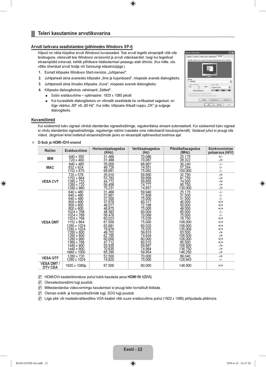 Samsung UE40B8000XWXBT Teleri kasutamine arvutikuvarina, Arvuti tarkvara seadistamine põhinedes Windows XP-l, Kuvarežiimid 