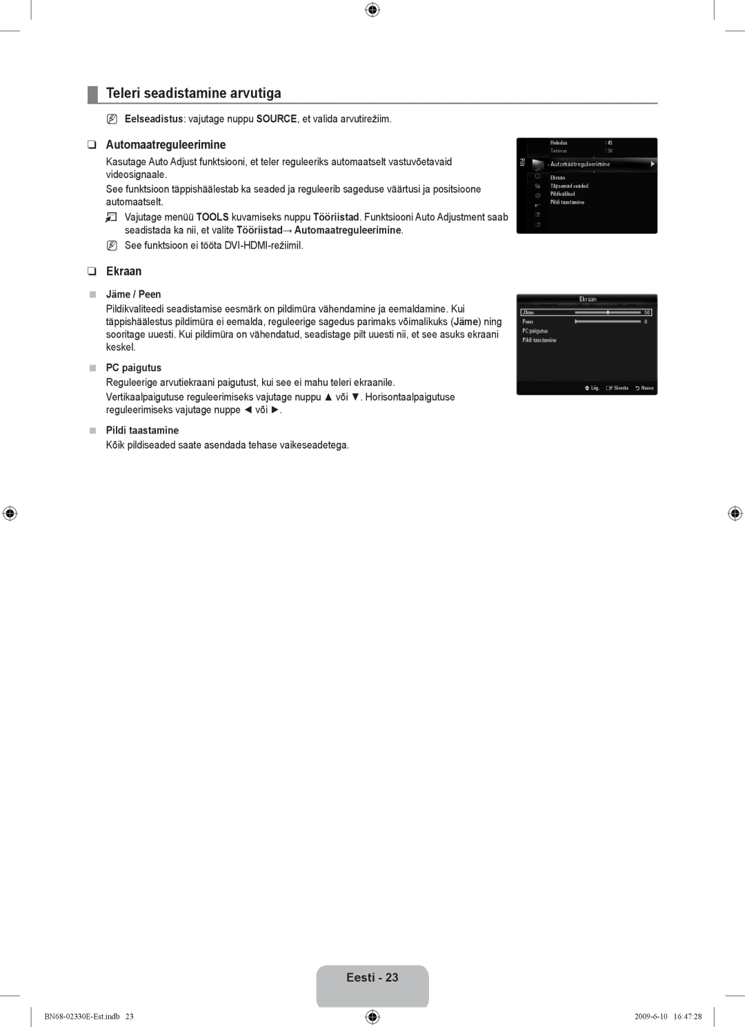 Samsung UE40B8000XWXBT manual Teleri seadistamine arvutiga, Automaatreguleerimine, Ekraan 