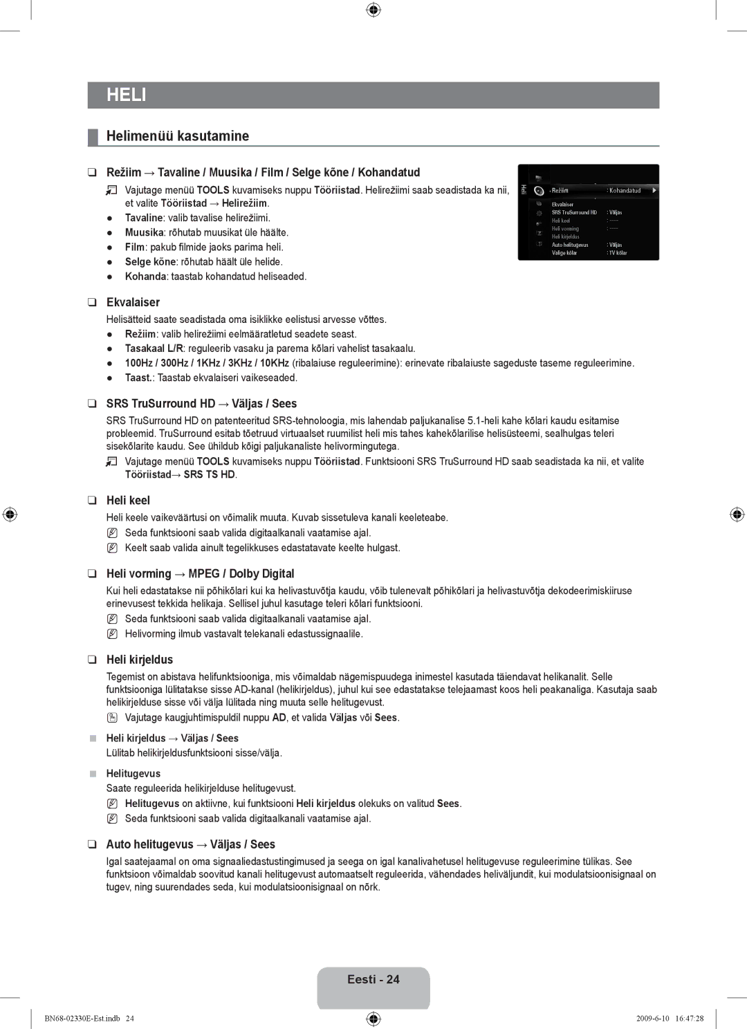 Samsung UE40B8000XWXBT manual Helimenüü kasutamine 