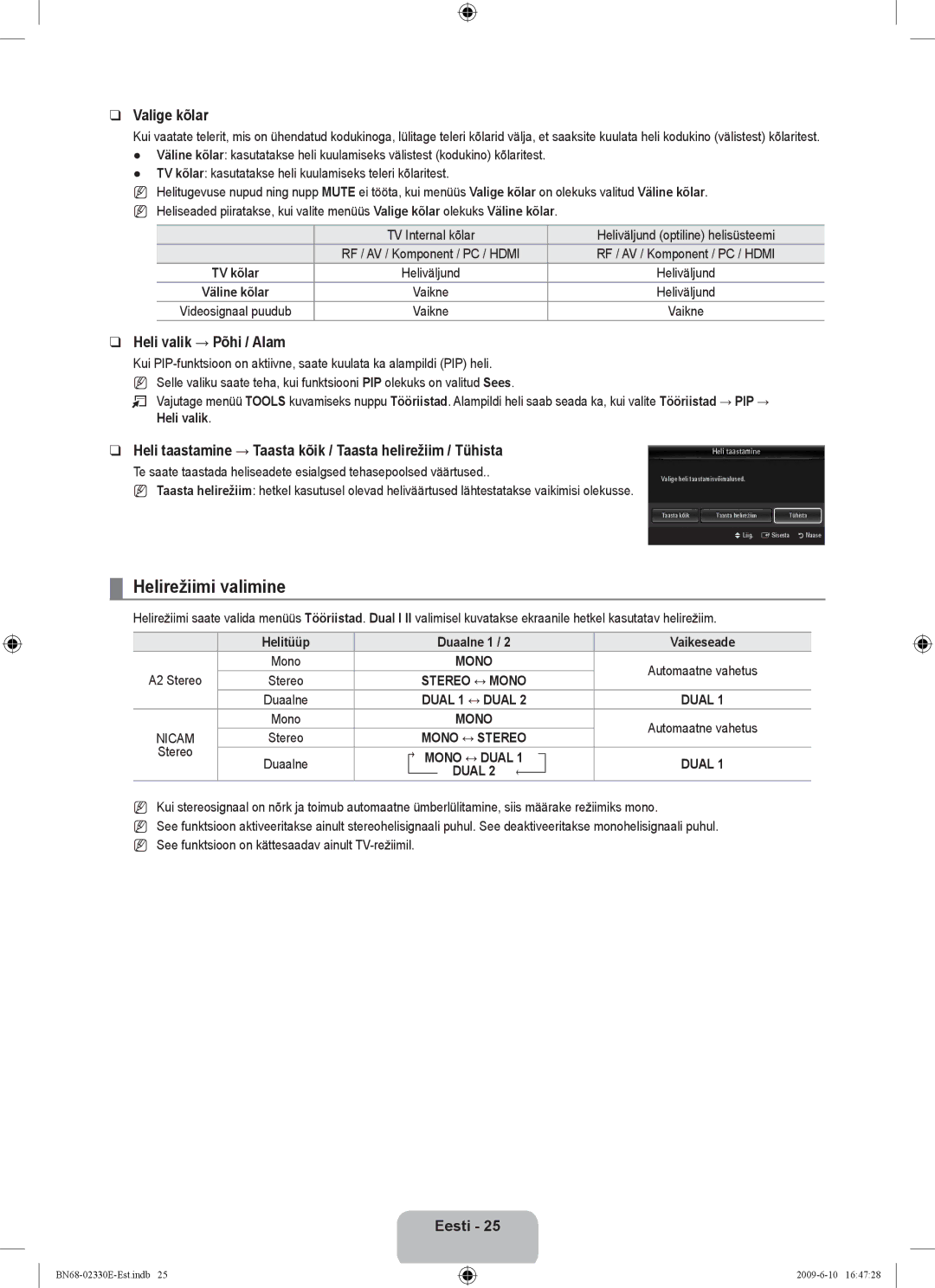 Samsung UE40B8000XWXBT manual Helirežiimi valimine, Valige kõlar, Heli valik → Põhi / Alam, Helitüüp Duaalne 1 Vaikeseade 