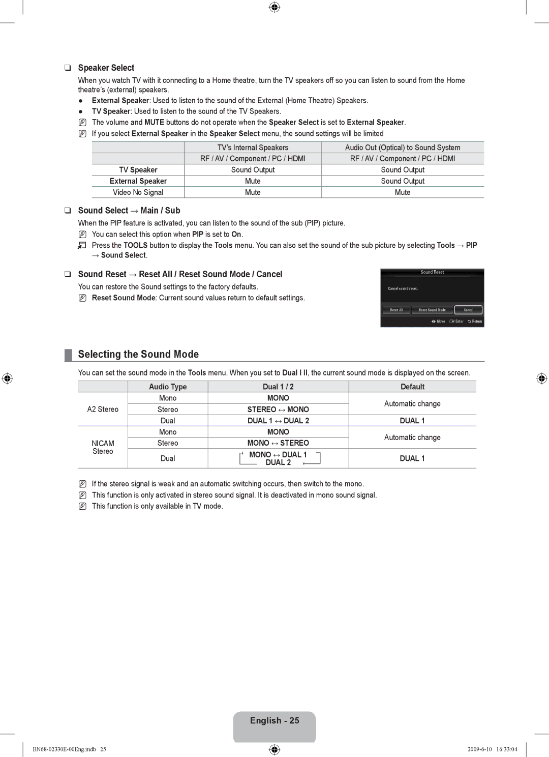 Samsung UE40B8000XWXBT manual Selecting the Sound Mode, Speaker Select, Sound Select → Main / Sub, Mono ↔ Dual 