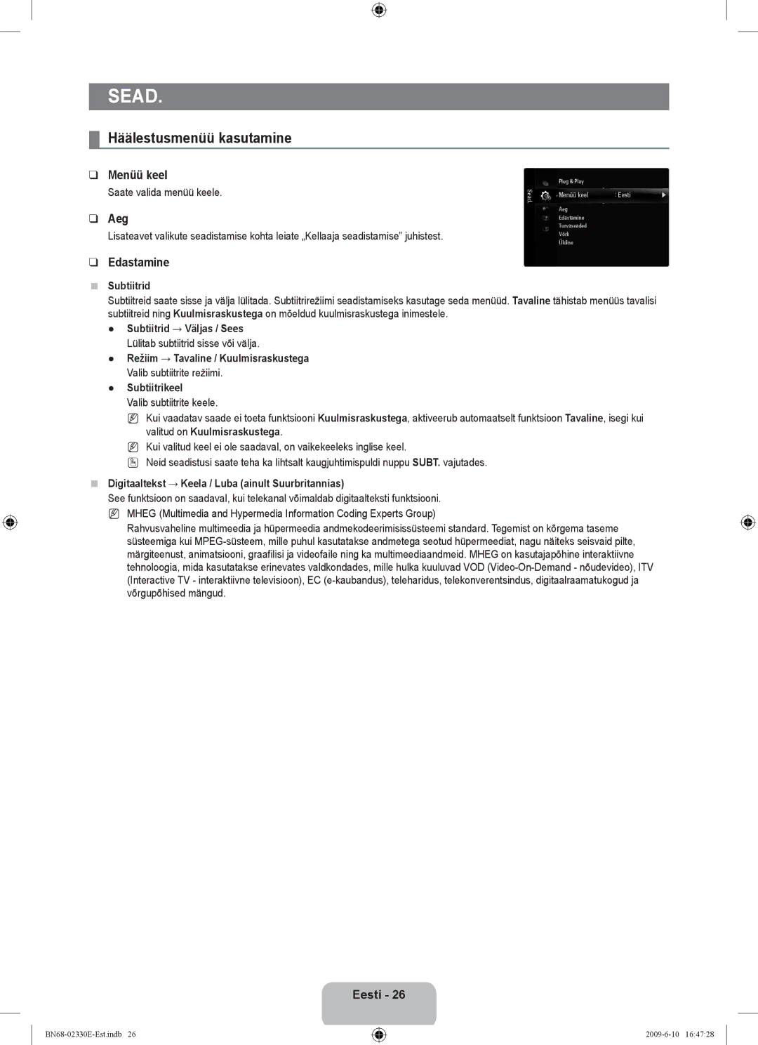 Samsung UE40B8000XWXBT manual Sead, Häälestusmenüü kasutamine, Menüü keel, Aeg, Edastamine 