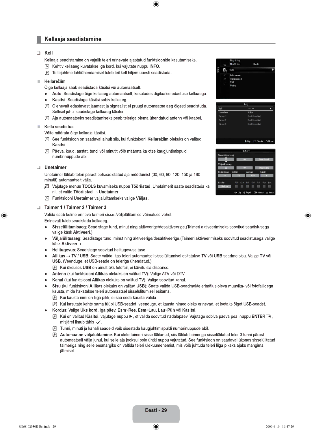 Samsung UE40B8000XWXBT manual Kellaaja seadistamine, Unetaimer, Taimer 1 / Taimer 2 / Taimer 