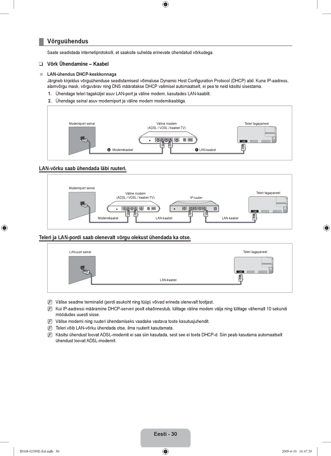 Samsung UE40B8000XWXBT manual Võrguühendus, Võrk Ühendamine Kaabel, LAN-võrku saab ühendada läbi ruuteri 