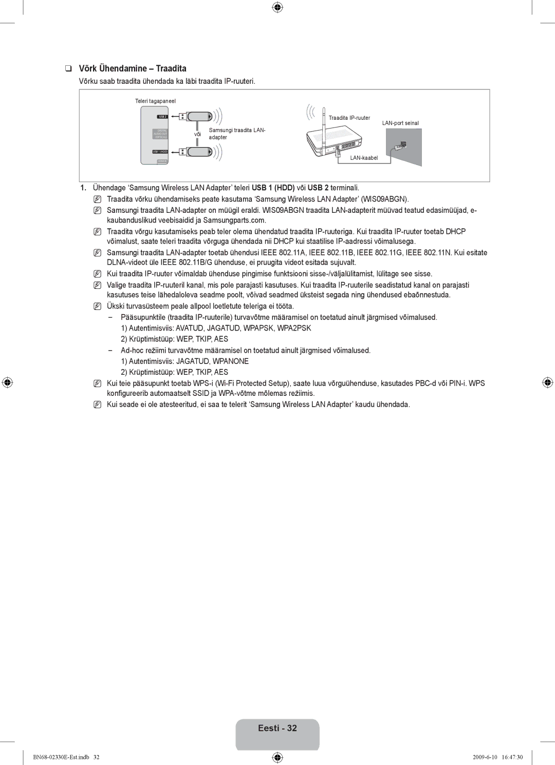 Samsung UE40B8000XWXBT manual Võrk Ühendamine Traadita, Võrku saab traadita ühendada ka läbi traadita IP-ruuteri 