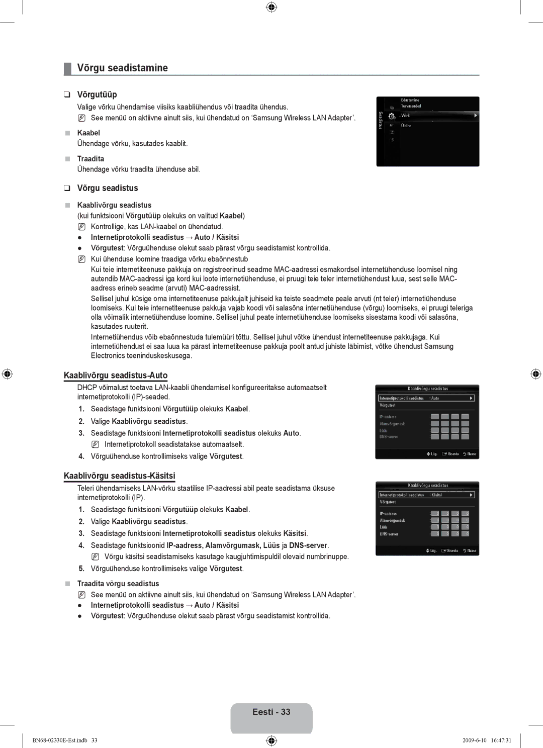 Samsung UE40B8000XWXBT manual Võrgu seadistamine, Võrgutüüp, Võrgu seadistus, Kaablivõrgu seadistus-Auto 