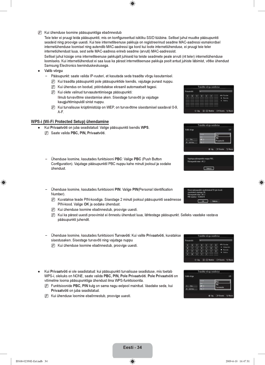 Samsung UE40B8000XWXBT WPS-i Wi-Fi Protected Setup ühendamine, Kui ühenduse loomine pääsupunktiga ebaõnnestub, Valib võrgu 