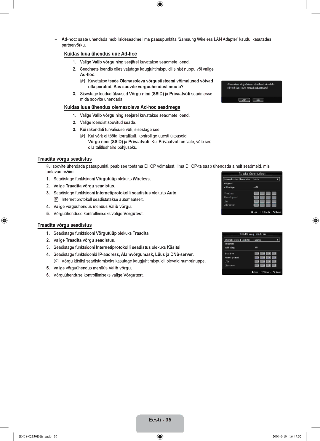 Samsung UE40B8000XWXBT manual Kuidas luua ühendus uue Ad-hoc, Kuidas luua ühendus olemasoleva Ad-hoc seadmega 