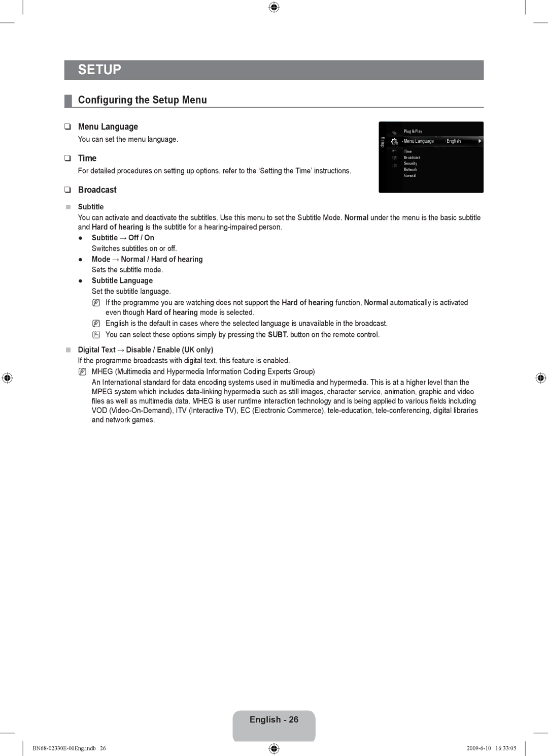 Samsung UE40B8000XWXBT manual Configuring the Setup Menu, Menu Language, Time, Broadcast 