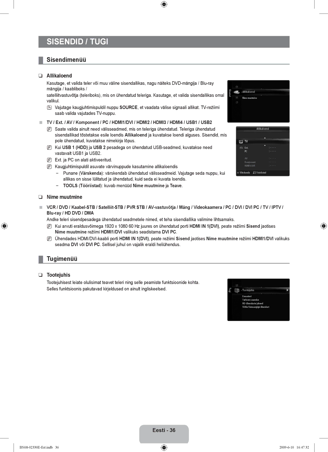 Samsung UE40B8000XWXBT manual Sisendimenüü, Tugimenüü, Allikaloend, Nime muutmine, Tootejuhis 