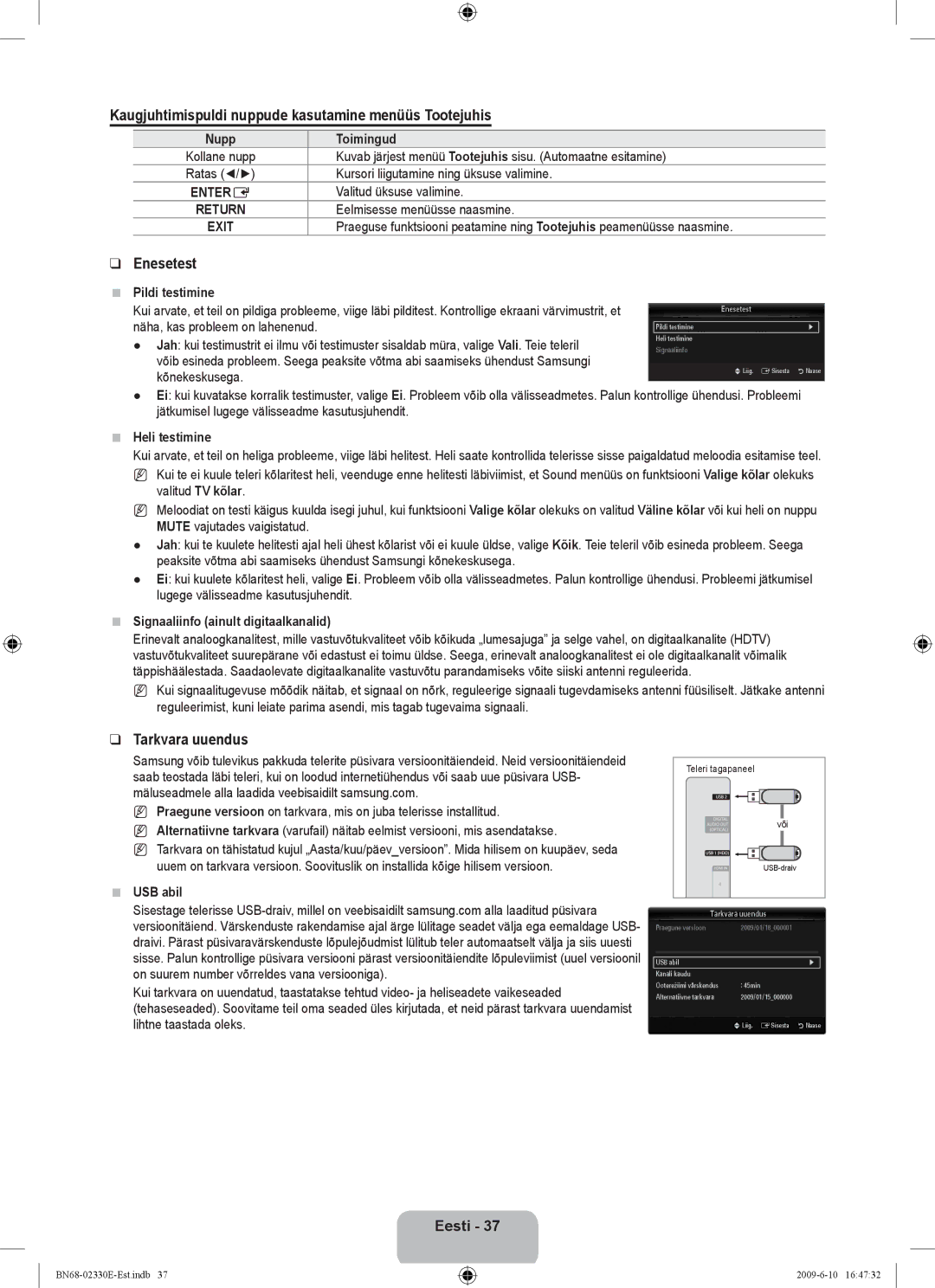 Samsung UE40B8000XWXBT manual Kaugjuhtimispuldi nuppude kasutamine menüüs Tootejuhis, Enesetest, Tarkvara uuendus 