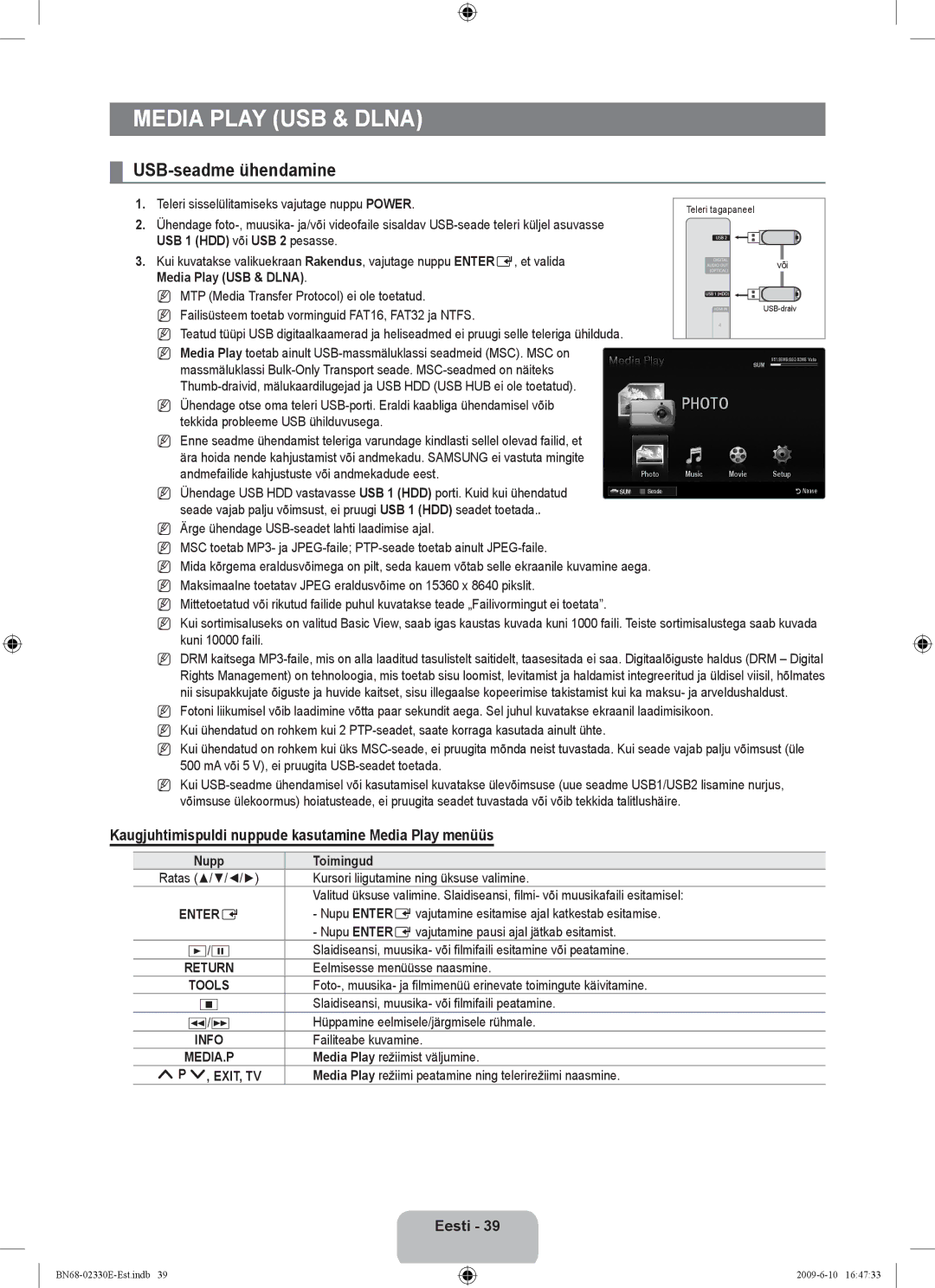 Samsung UE40B8000XWXBT manual USB-seadme ühendamine, Kaugjuhtimispuldi nuppude kasutamine Media Play menüüs 