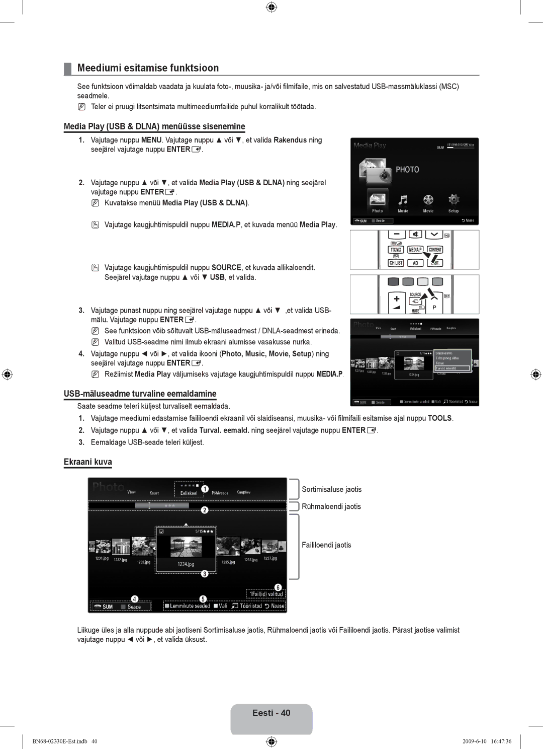 Samsung UE40B8000XWXBT manual Meediumi esitamise funktsioon, Media Play USB & Dlna menüüsse sisenemine, Ekraani kuva 