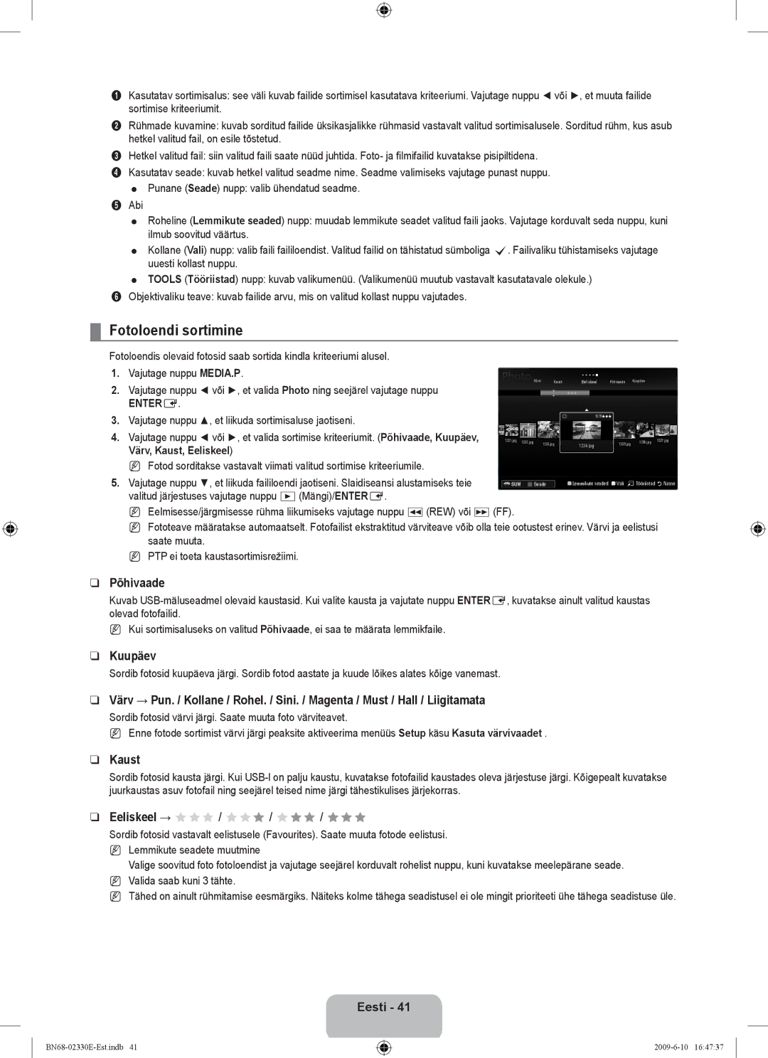 Samsung UE40B8000XWXBT manual Fotoloendi sortimine, Põhivaade, Kuupäev, Kaust, Eeliskeel → FFF / FFF / FFF / FFF 