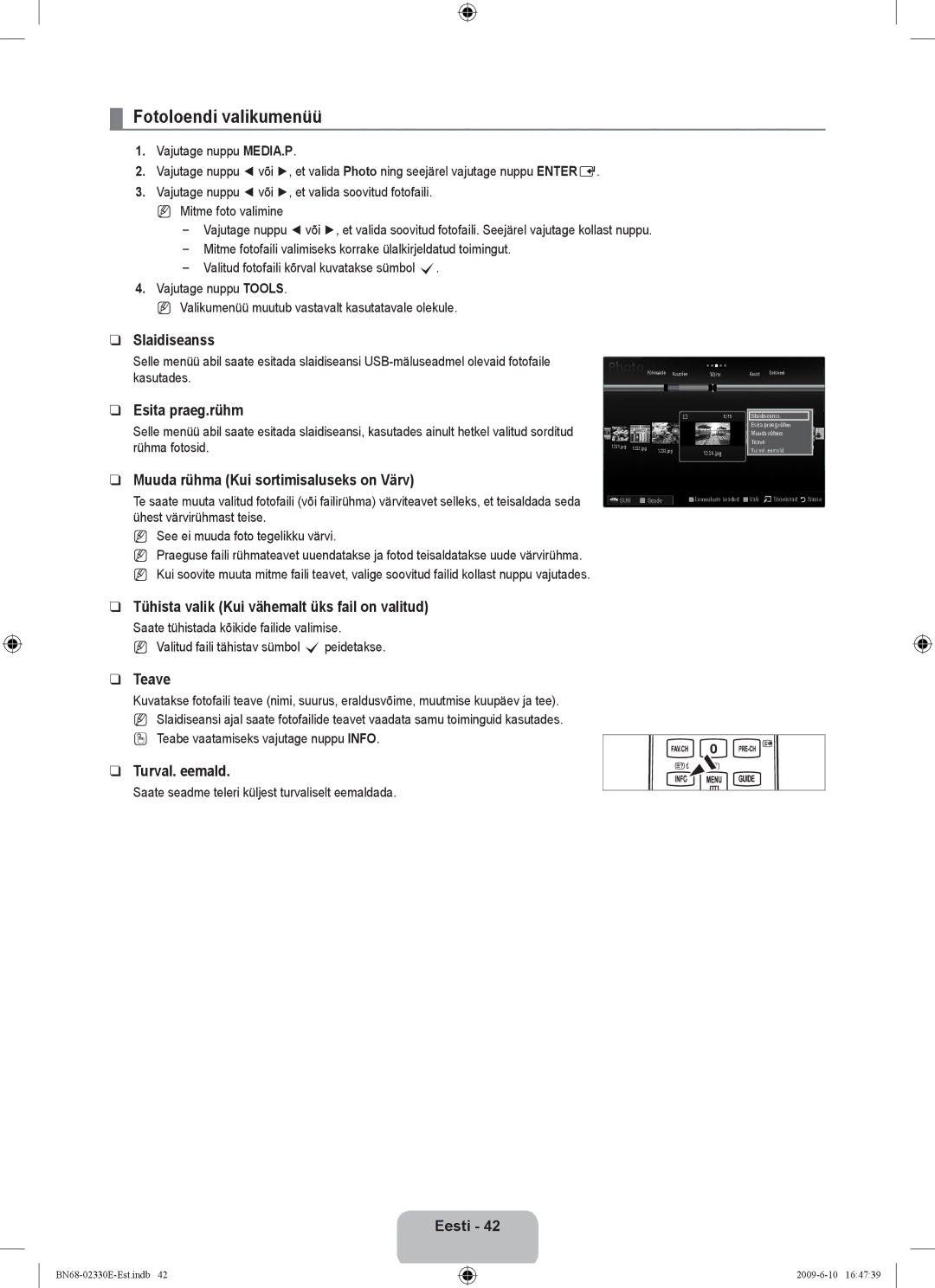 Samsung UE40B8000XWXBT manual Fotoloendi valikumenüü 