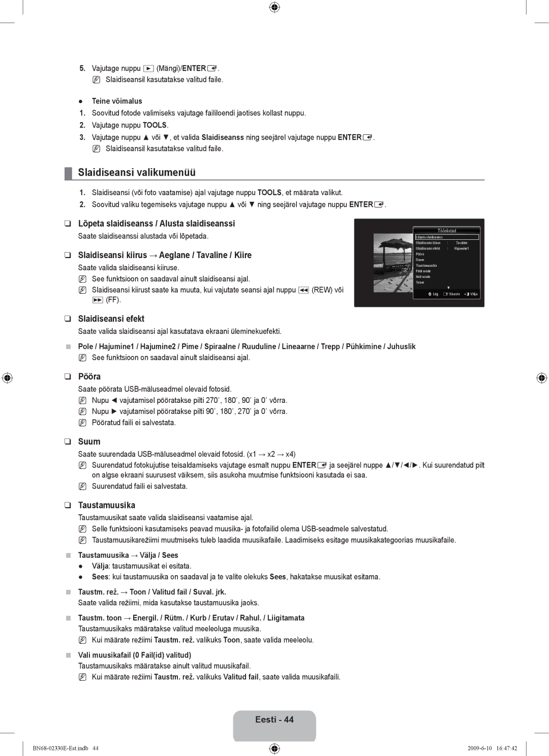 Samsung UE40B8000XWXBT manual Slaidiseansi valikumenüü 