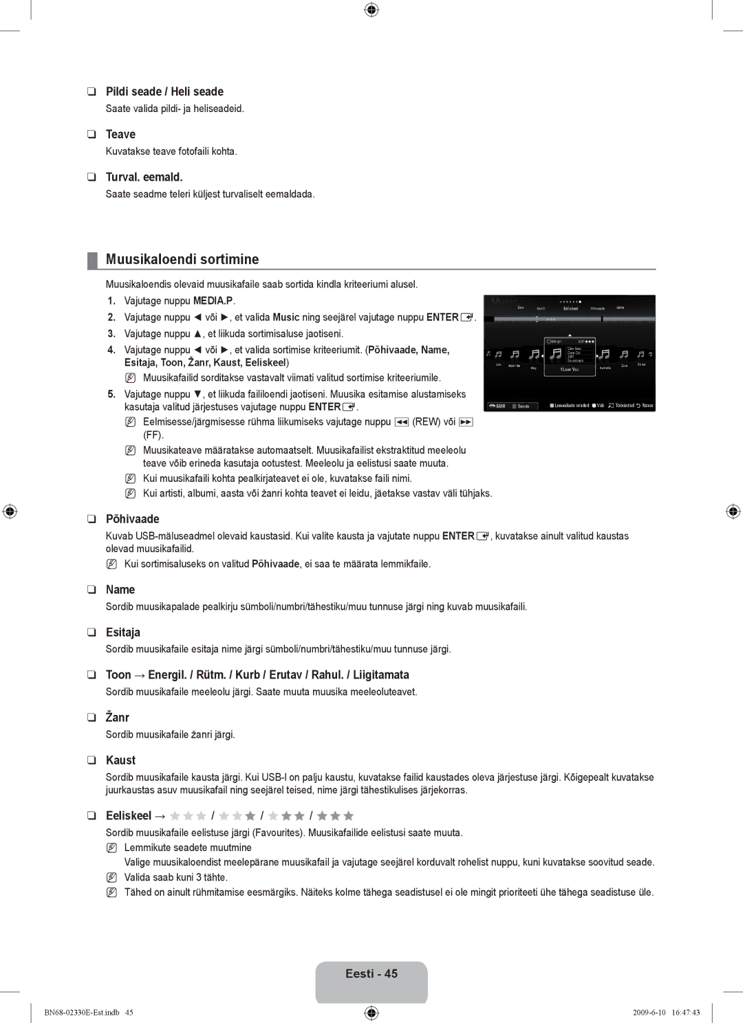 Samsung UE40B8000XWXBT manual Muusikaloendi sortimine, Pildi seade / Heli seade, Esitaja, Žanr 