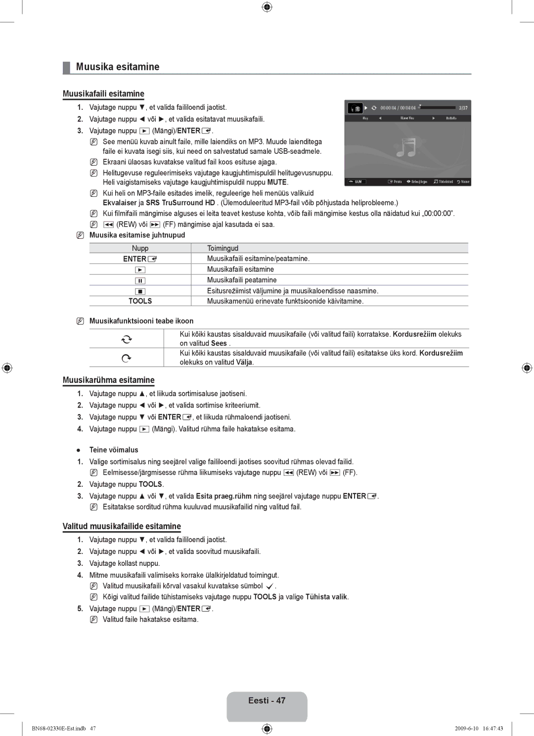 Samsung UE40B8000XWXBT Muusika esitamine, Muusikafaili esitamine, Muusikarühma esitamine, Valitud muusikafailide esitamine 