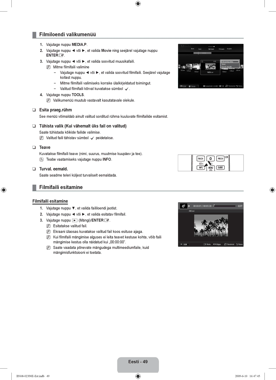 Samsung UE40B8000XWXBT manual Filmiloendi valikumenüü, Filmifaili esitamine 