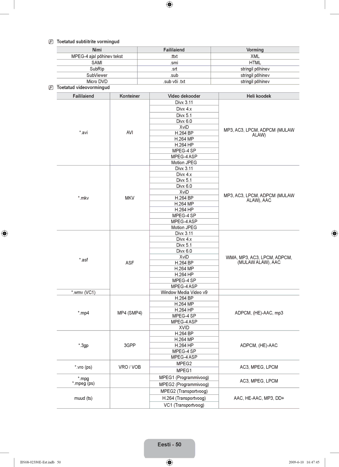 Samsung UE40B8000XWXBT manual Toetatud subtiitrite vormingud, Muud ts 