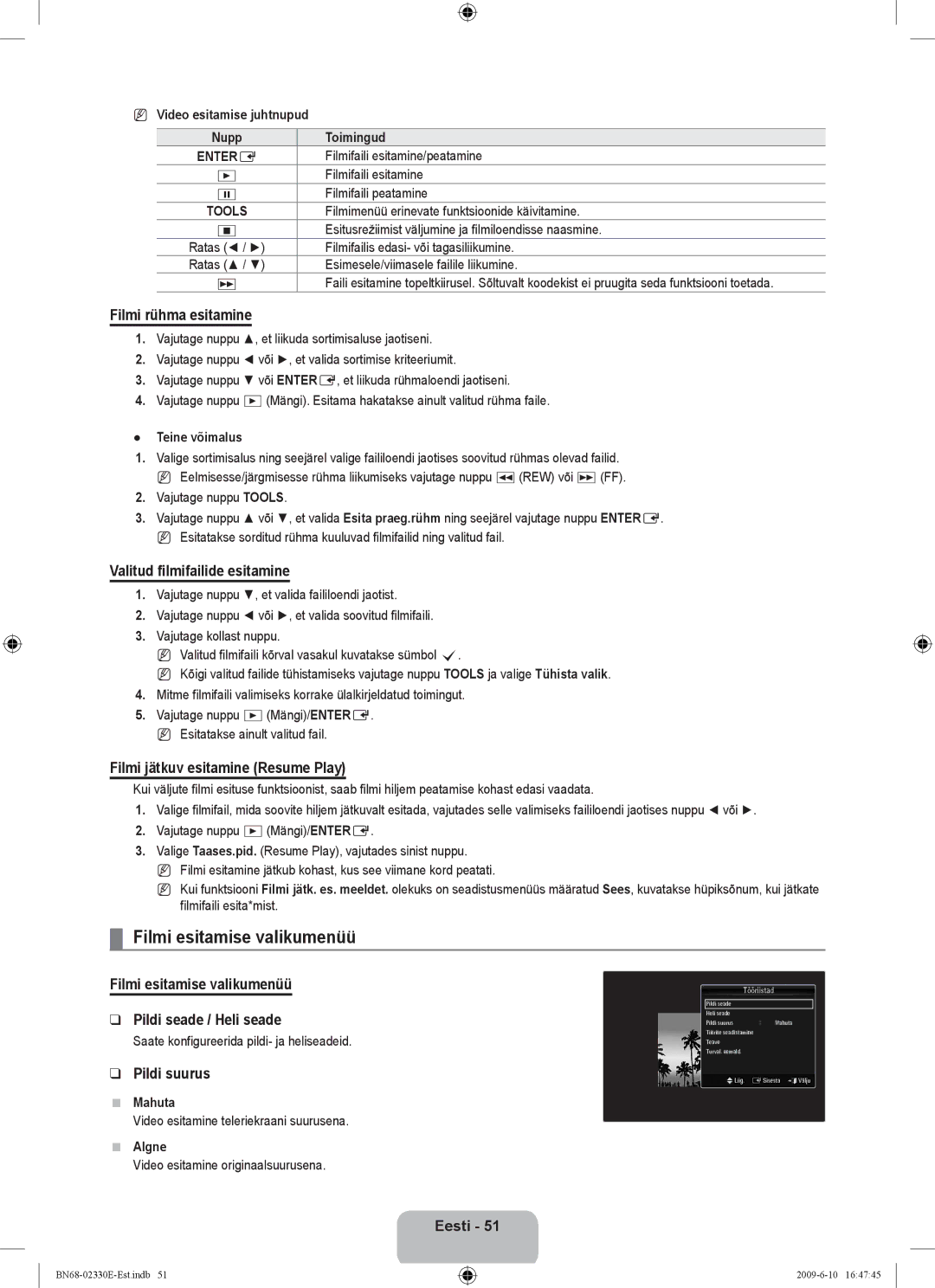 Samsung UE40B8000XWXBT manual Filmi esitamise valikumenüü 