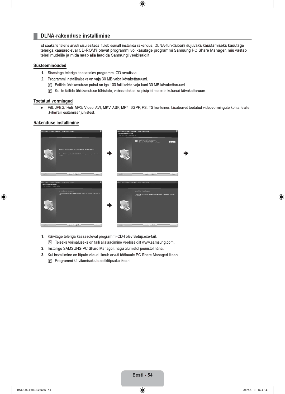 Samsung UE40B8000XWXBT manual DLNA-rakenduse installimine, Süsteeminõuded, Toetatud vormingud, Rakenduse installimine 