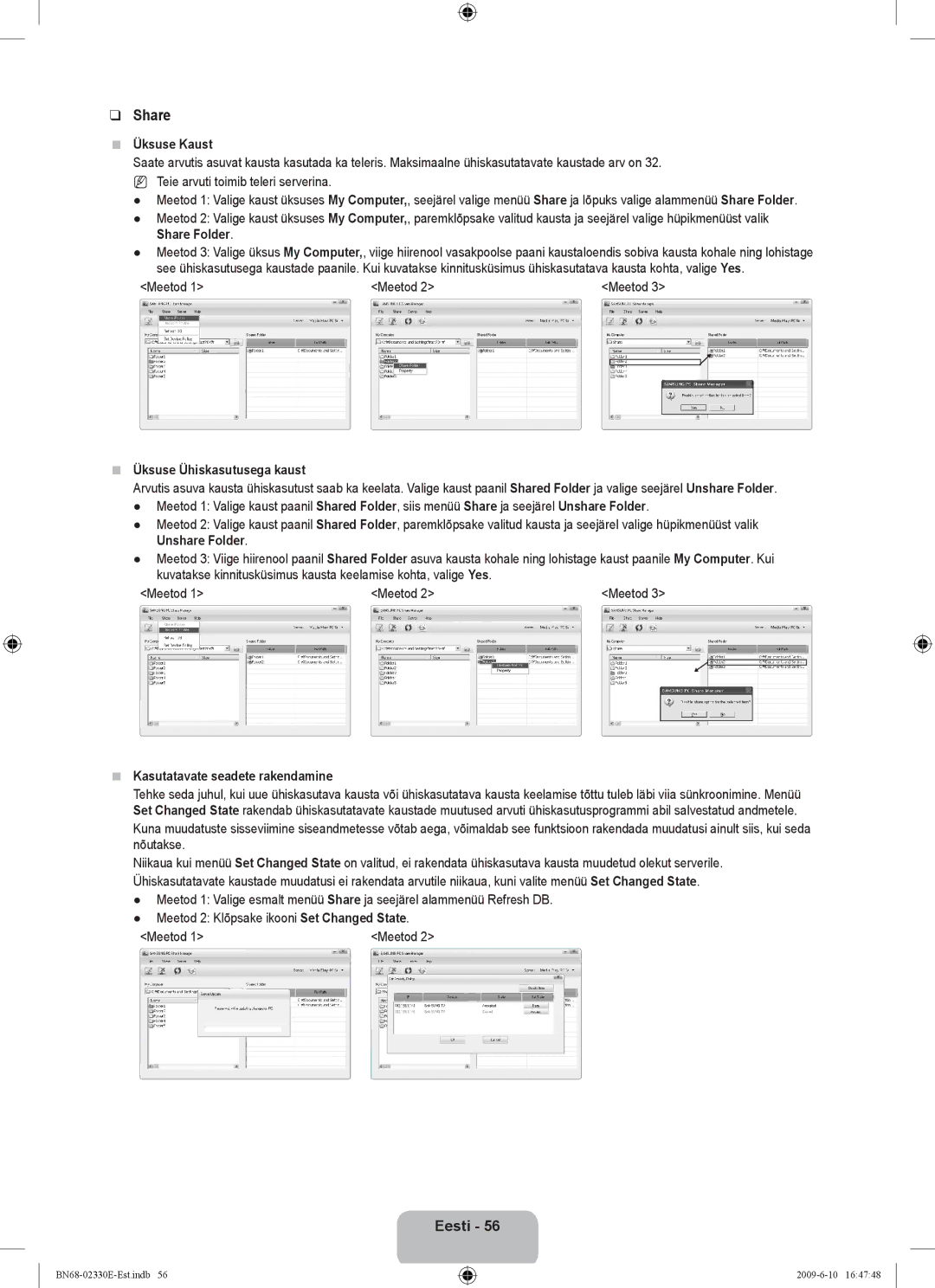 Samsung UE40B8000XWXBT manual Üksuse Kaust, Meetod, Üksuse Ühiskasutusega kaust, Kasutatavate seadete rakendamine 