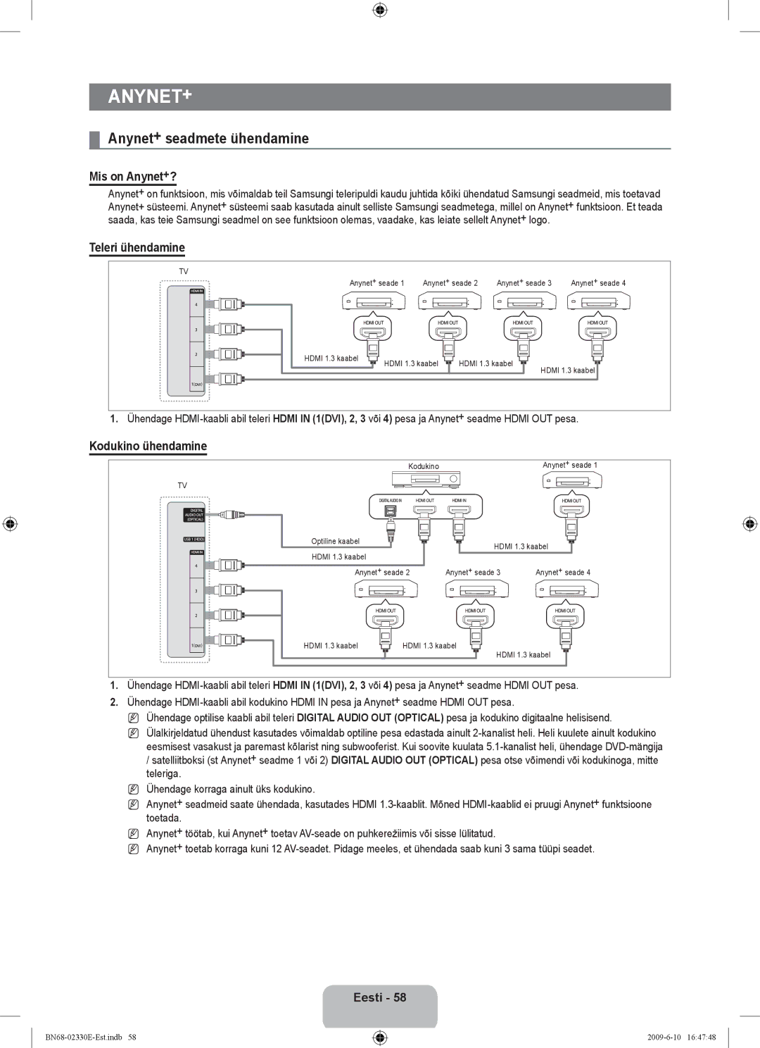 Samsung UE40B8000XWXBT manual Anynet+ seadmete ühendamine, Mis on Anynet+?, Teleri ühendamine, Kodukino ühendamine 