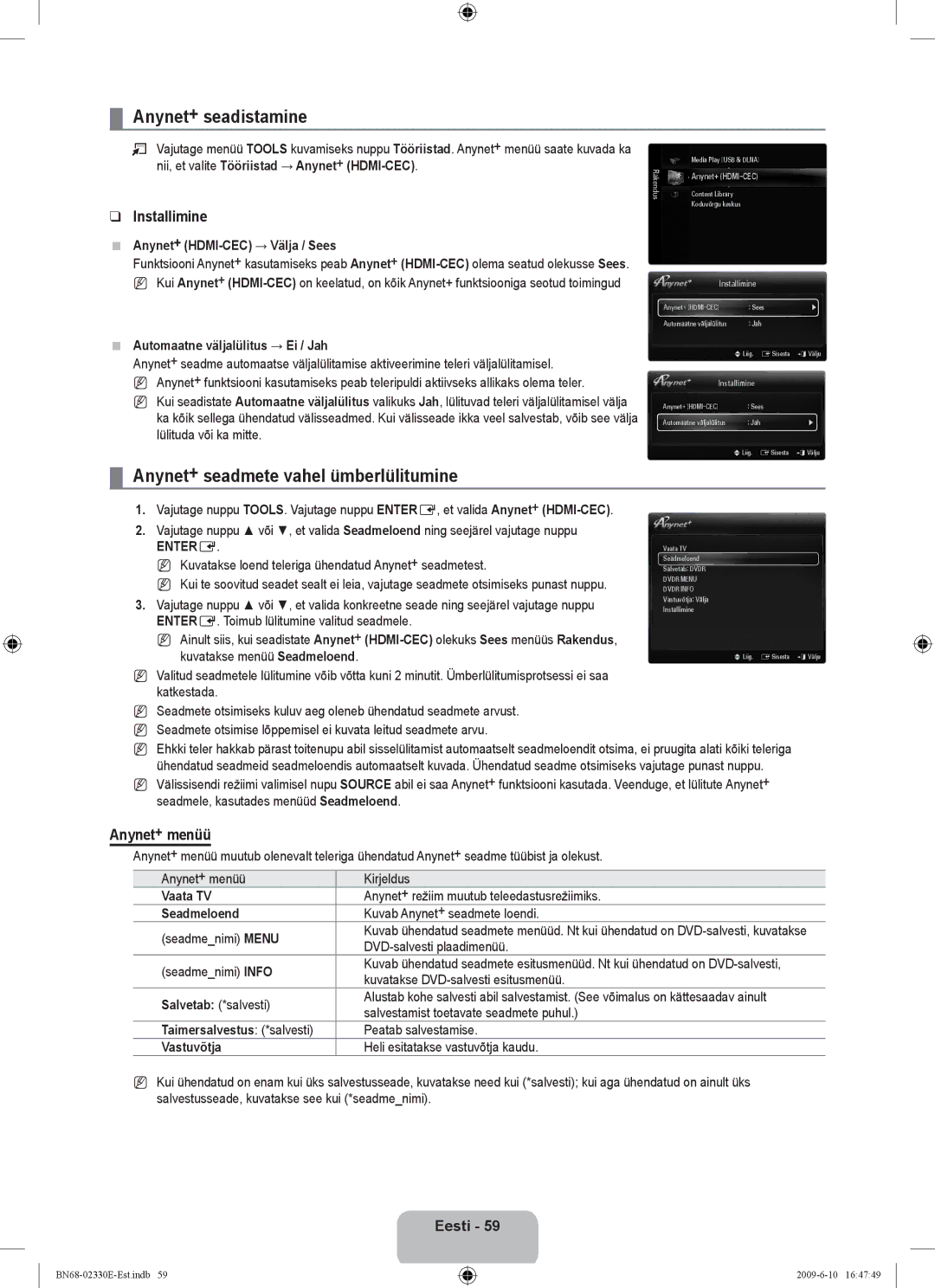 Samsung UE40B8000XWXBT manual Anynet+ seadistamine, Anynet+ seadmete vahel ümberlülitumine, Installimine, Anynet+ menüü 