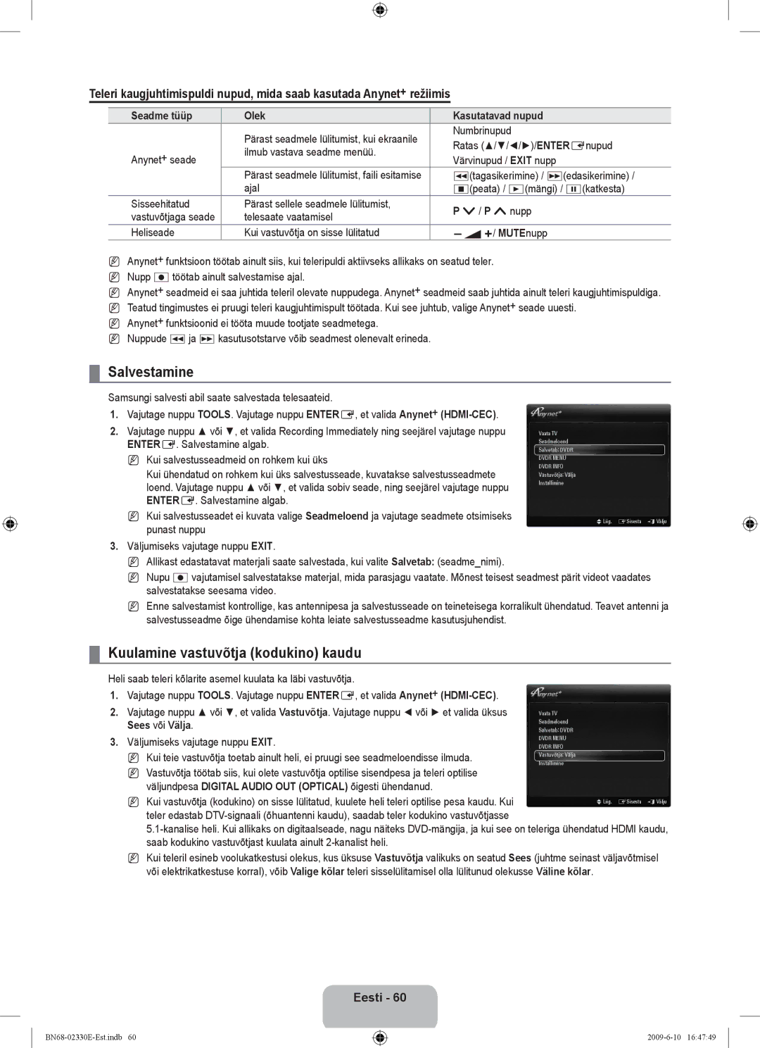 Samsung UE40B8000XWXBT manual Salvestamine, Kuulamine vastuvõtja kodukino kaudu, Seadme tüüp Olek Kasutatavad nupud, Nupp 