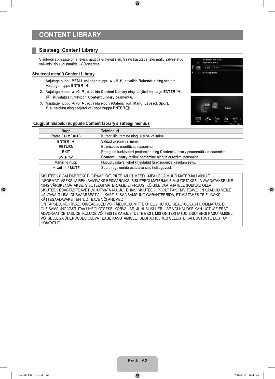 Samsung UE40B8000XWXBT manual Sisuteegi Content Library, Sisuteegi menüü Content Library 