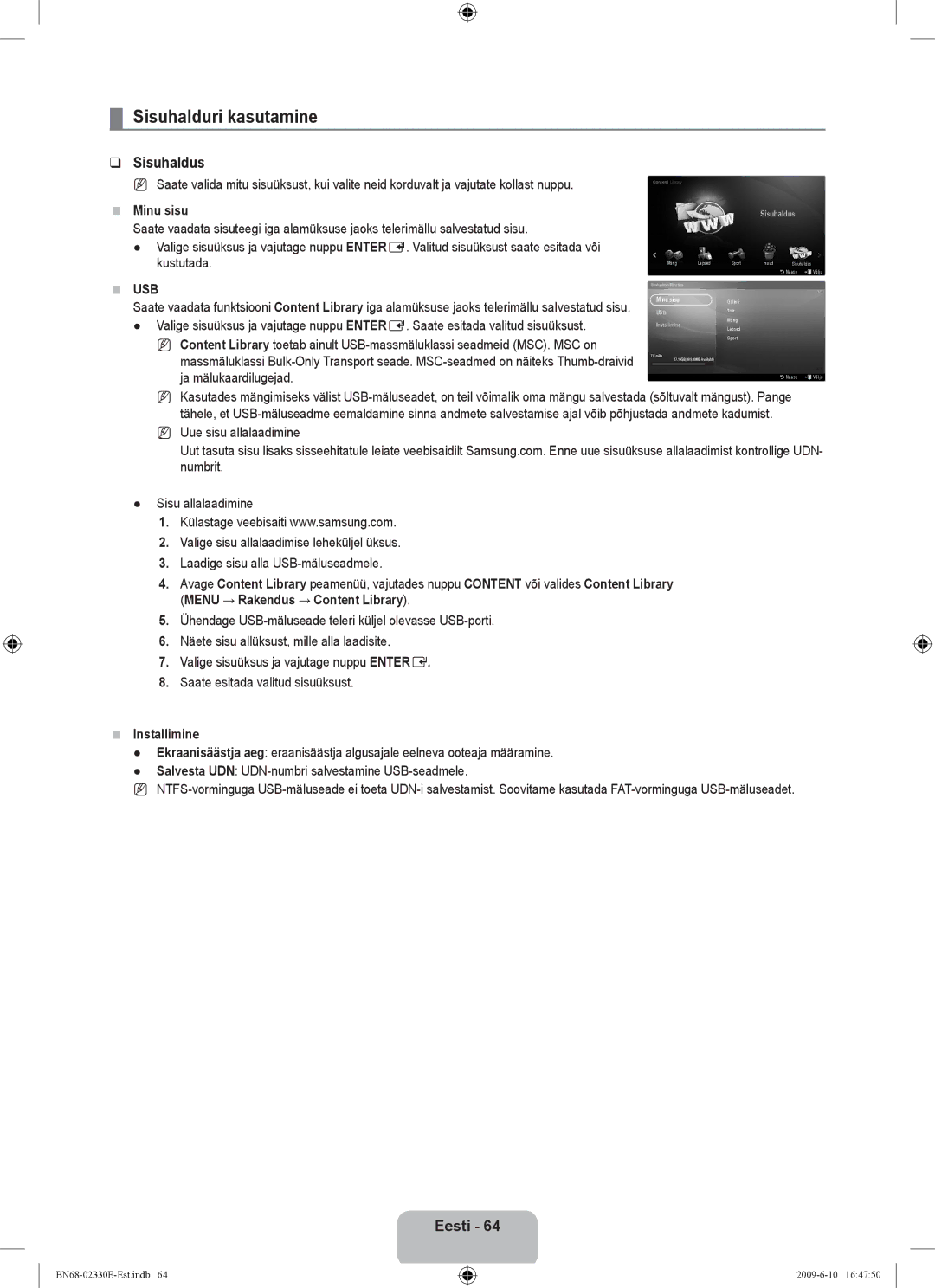 Samsung UE40B8000XWXBT manual Sisuhalduri kasutamine, Sisuhaldus, Minu sisu, Installimine 